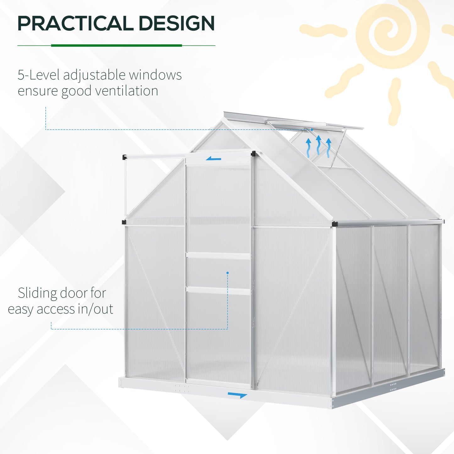 6' x 6' x 6.5' Polycarbonate Greenhouse, Walk-in Green House with Adjustable Roof Vent, Galvanized Base, Sliding Door an