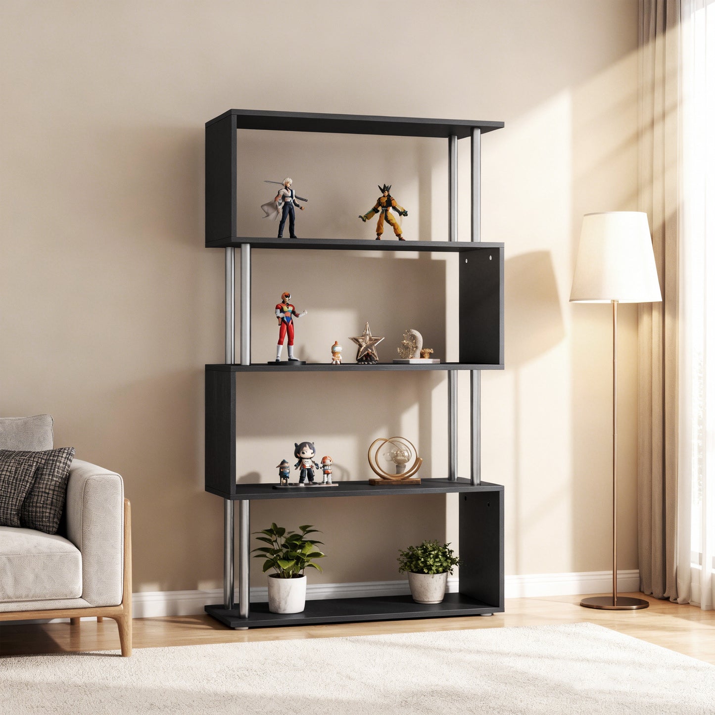5-Tiers Geometric Wooden Bookcase S-Shaped Storage Bookshelf Display with Metal Frame for Living Room, Bedroom, Home Off