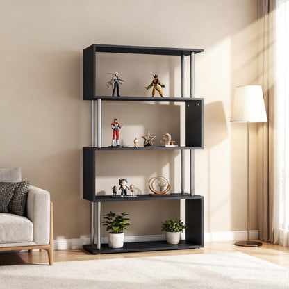 5-Tiers Geometric Wooden Bookcase S-Shaped Storage Bookshelf Display with Metal Frame for Living Room, Bedroom, Home Off