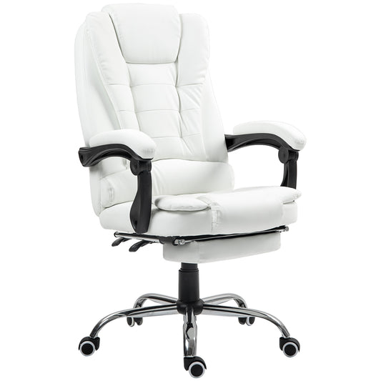 High Back Office Chair PU Leather Executive Office Chair with Retractable Footrest Padded Armrest White