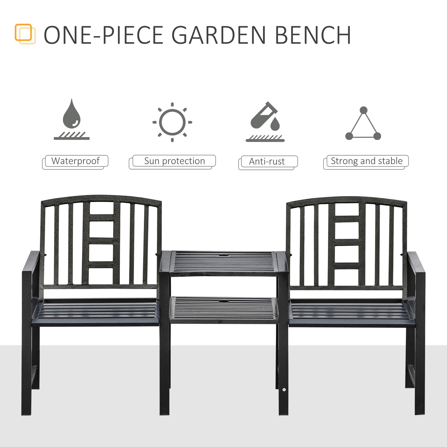 Steel Garden Bench w/ Middle Table, Umbrella Hole, Double Seat for Outdoor, Patio, Backyard  Weather-Resistant Frame, Bl
