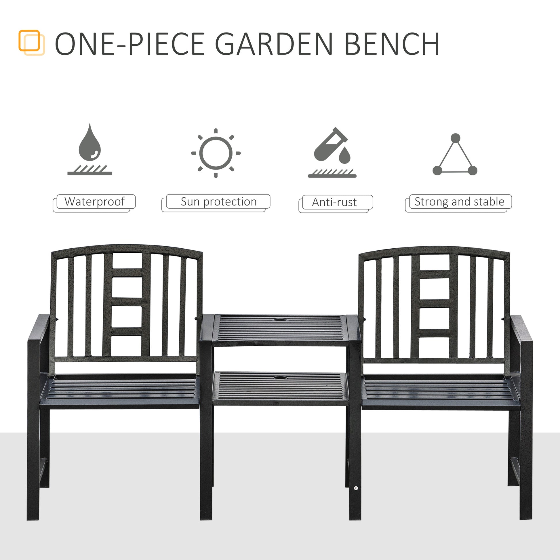 Steel Garden Bench w/ Middle Table, Umbrella Hole, Double Seat for Outdoor, Patio, Backyard  Weather-Resistant Frame, Bl