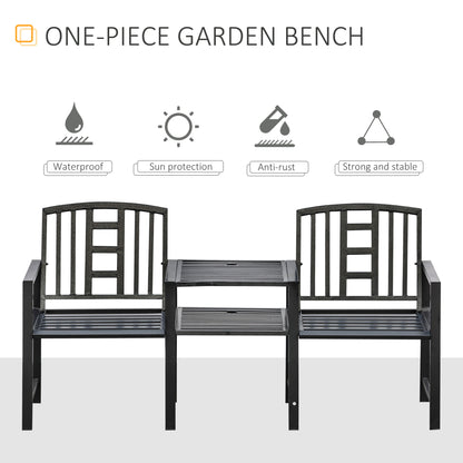 Steel Garden Bench w/ Middle Table, Umbrella Hole, Double Seat for Outdoor, Patio, Backyard  Weather-Resistant Frame, Bl