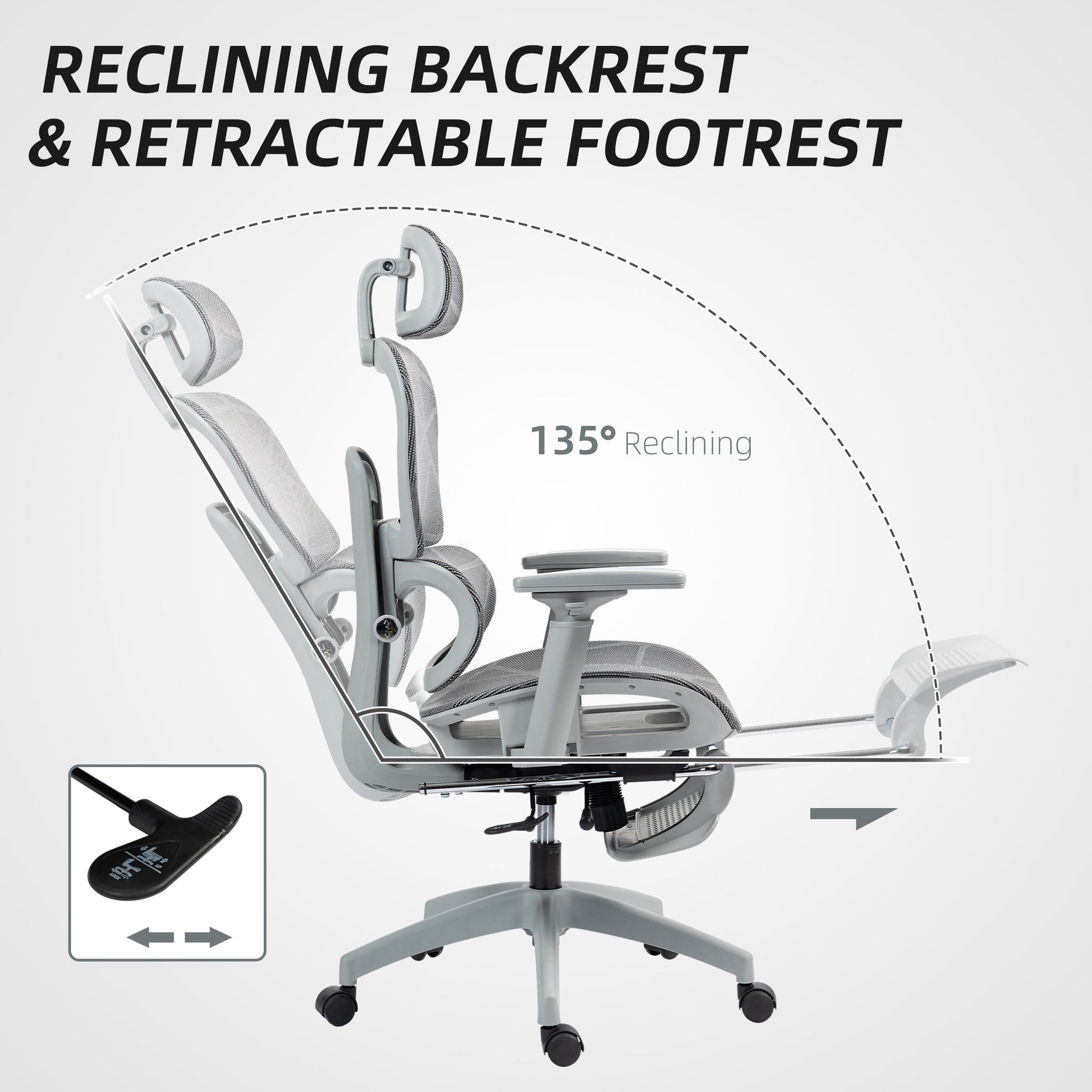 Ergonomic Office Chair with Lumbar Support, Mesh Office Chair with 3D Armrest, 135° Reclining, Adjustable Headrest, Grey