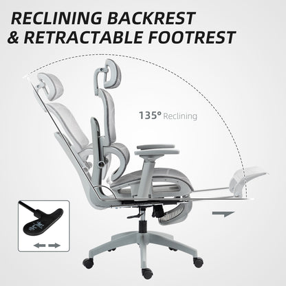 Ergonomic Office Chair with Lumbar Support, Mesh Office Chair with 3D Armrest, 135° Reclining, Adjustable Headrest, Grey