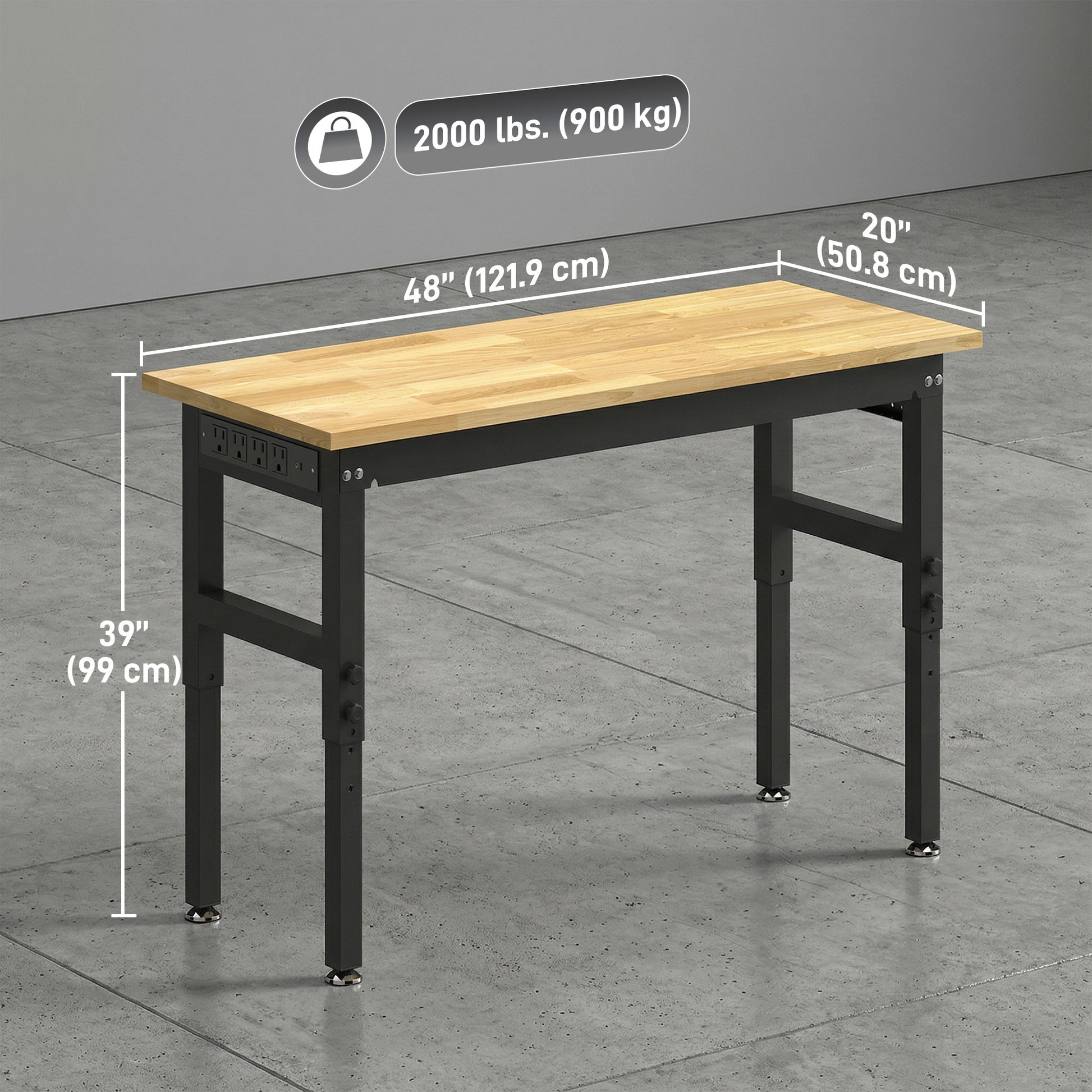 48" Adjustable Workbench, Heavy Duty Work Table with Rubber Wood Top, Power Outlets, Pegboard, 2000 LBS Capacity