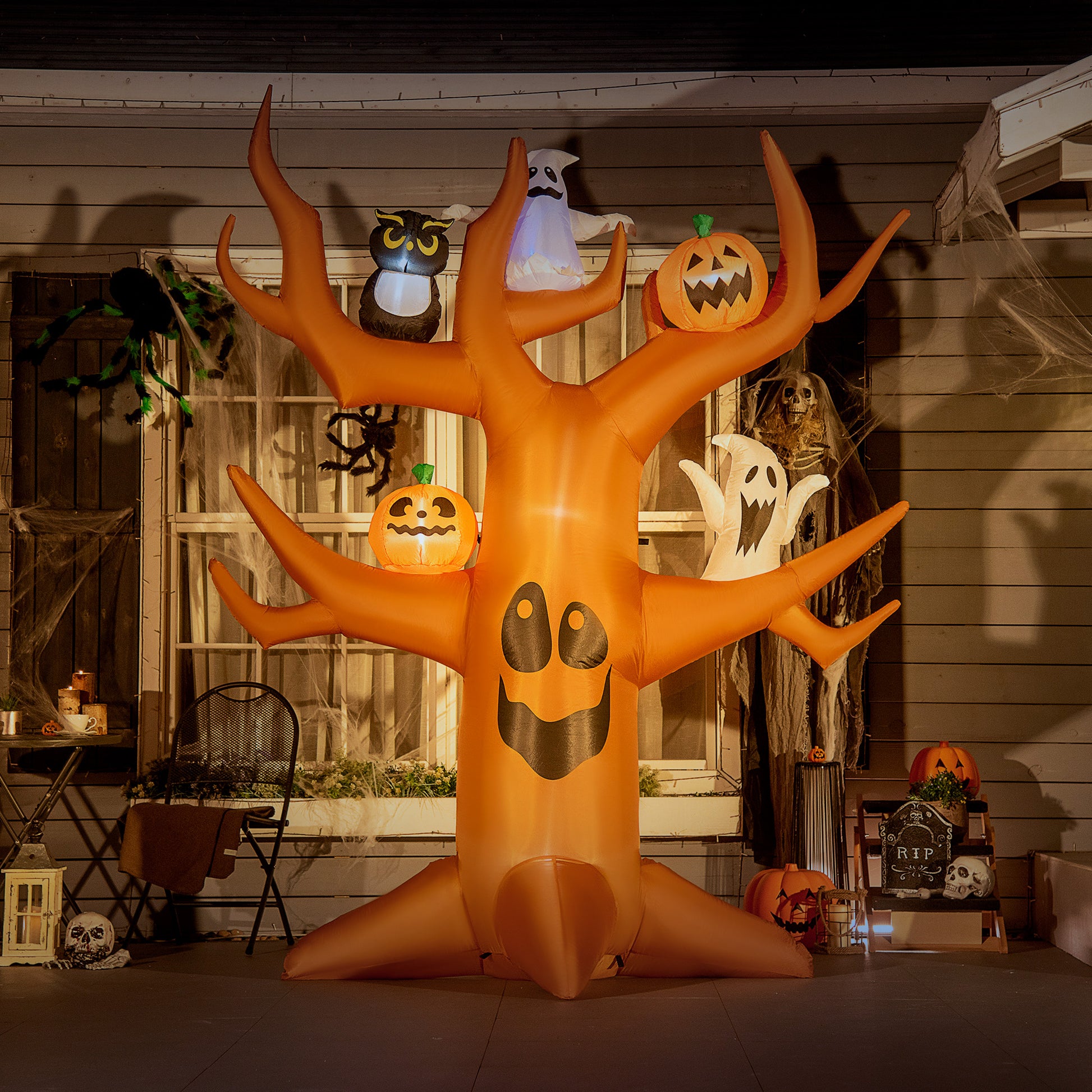 9ft Inflatable Halloween Haunted Tree with Pumpkins, Ghosts and Cat, Blow-Up Outdoor LED Yard Display for Garden, Lawn, 
