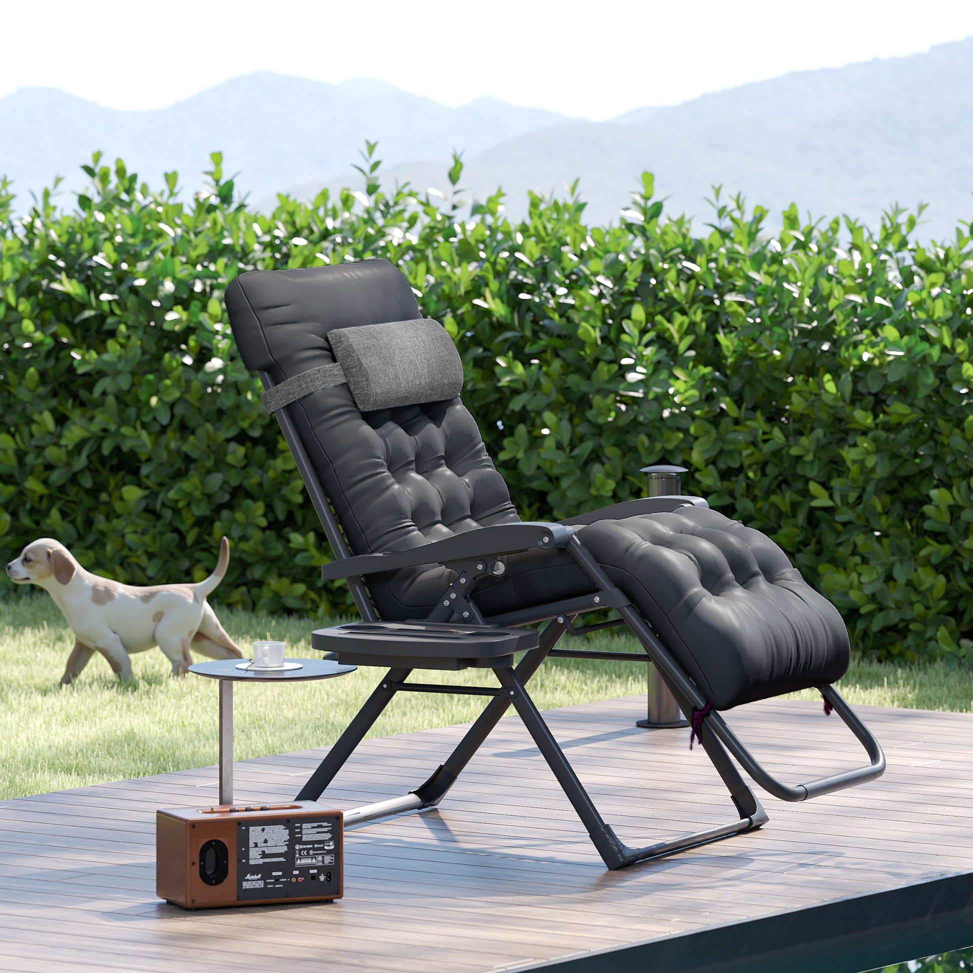 Padded Folding Recliner Chair, Patio Lounger with Cupholder, Adjustable Backrest, Removable Cushion, Black