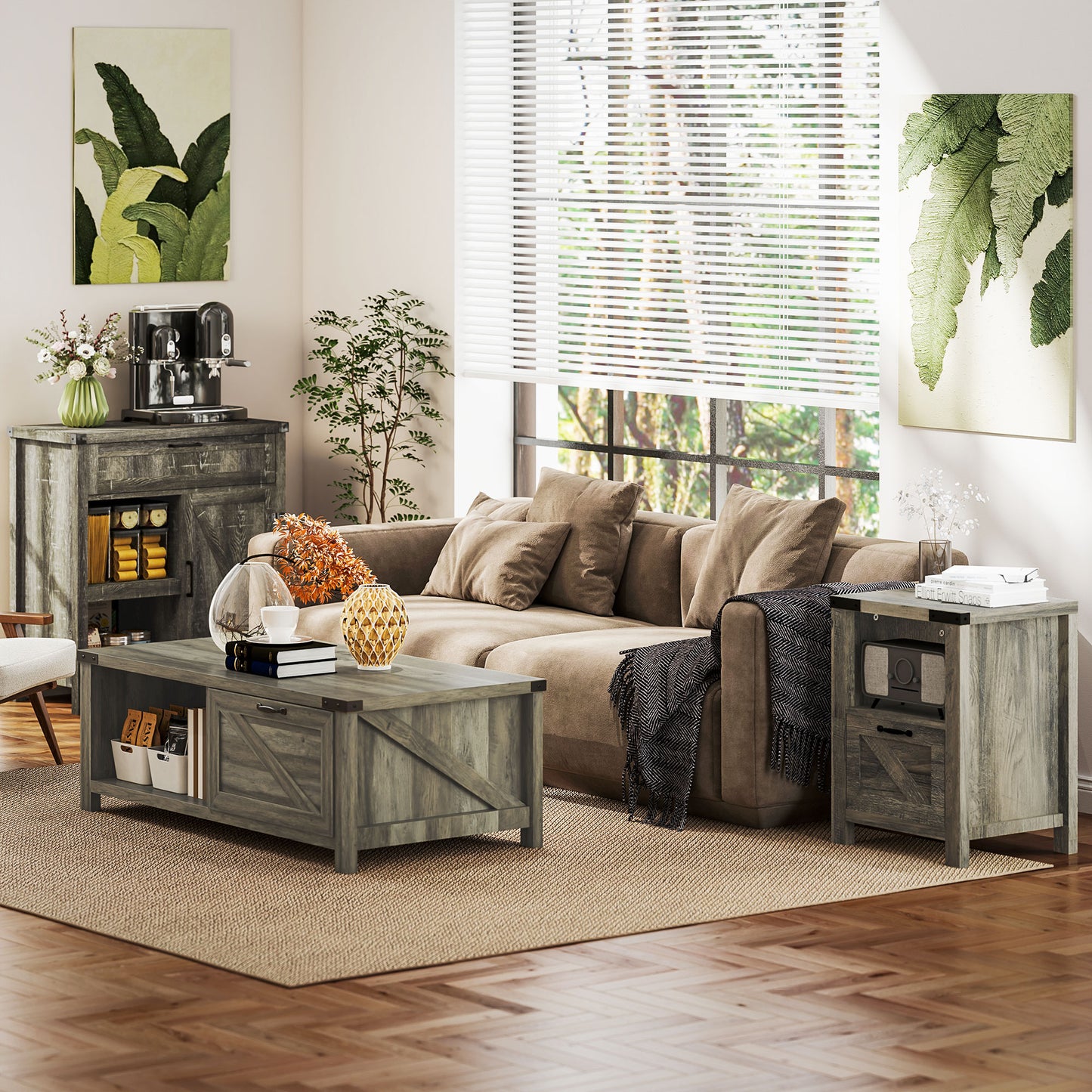 Small Side Table with Storage, Farmhouse End Table with Drawer, Open Shelf and Barn-style Panel, Nightstand for Living R