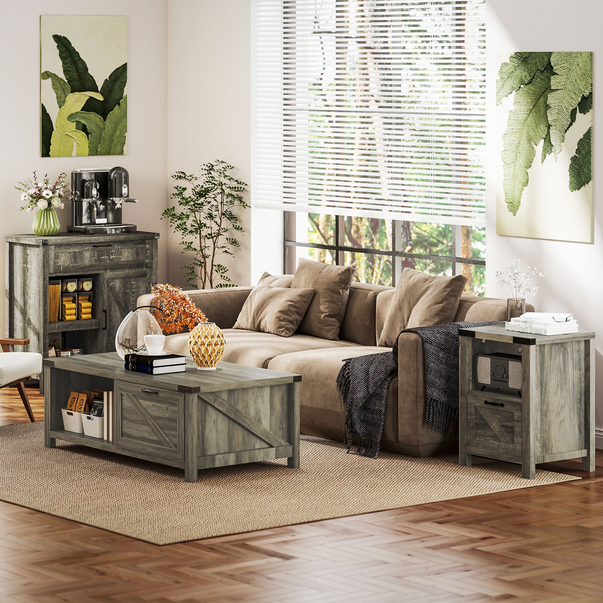 Small Side Table with Storage, Farmhouse End Table with Drawer, Open Shelf and Barn-style Panel, Nightstand for Living R