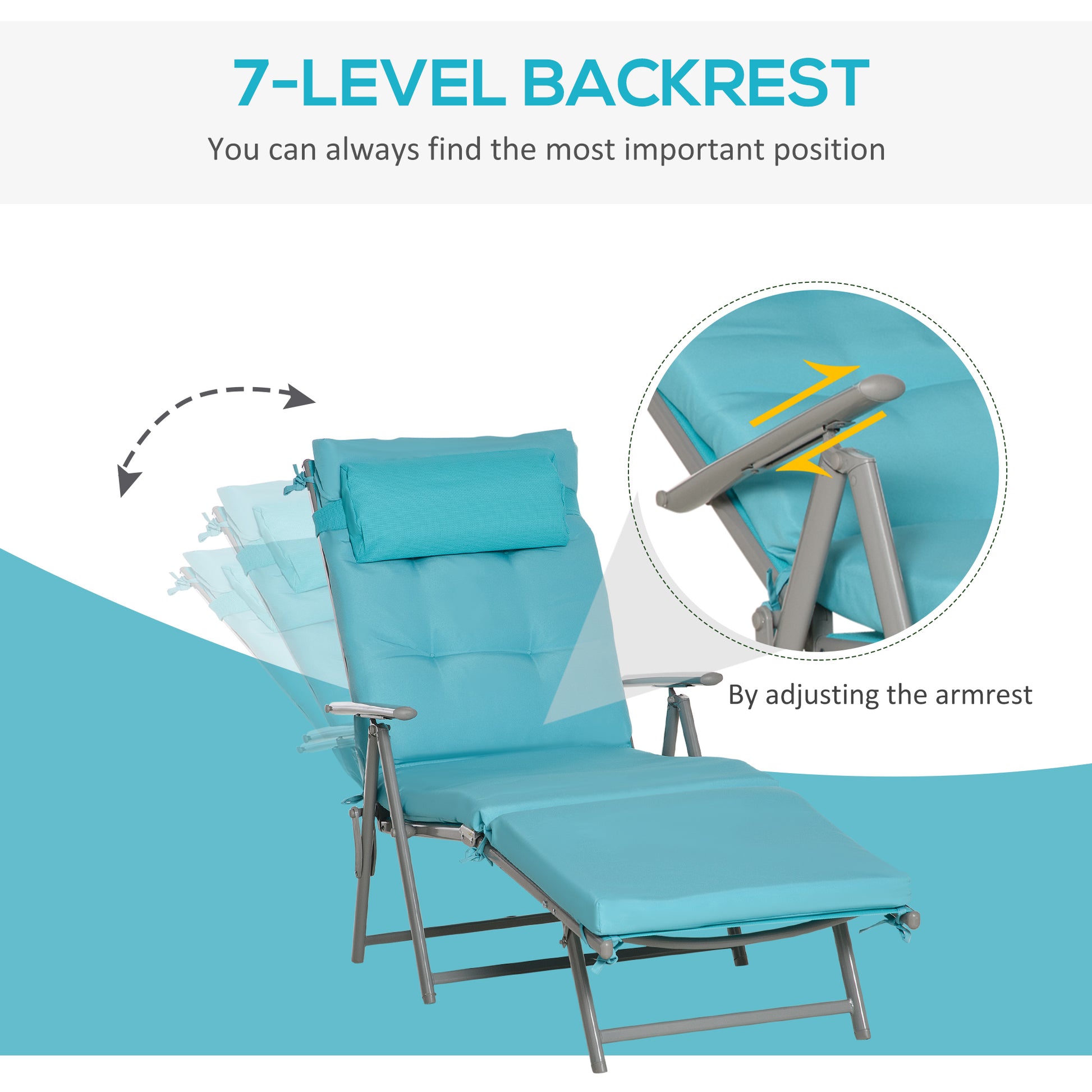 Lounge Chair Outdoor, Folding Patio Chaise Lounger, 360 lbs 7-Position Adjustable Back Outdoor Recliner with Cushion, He