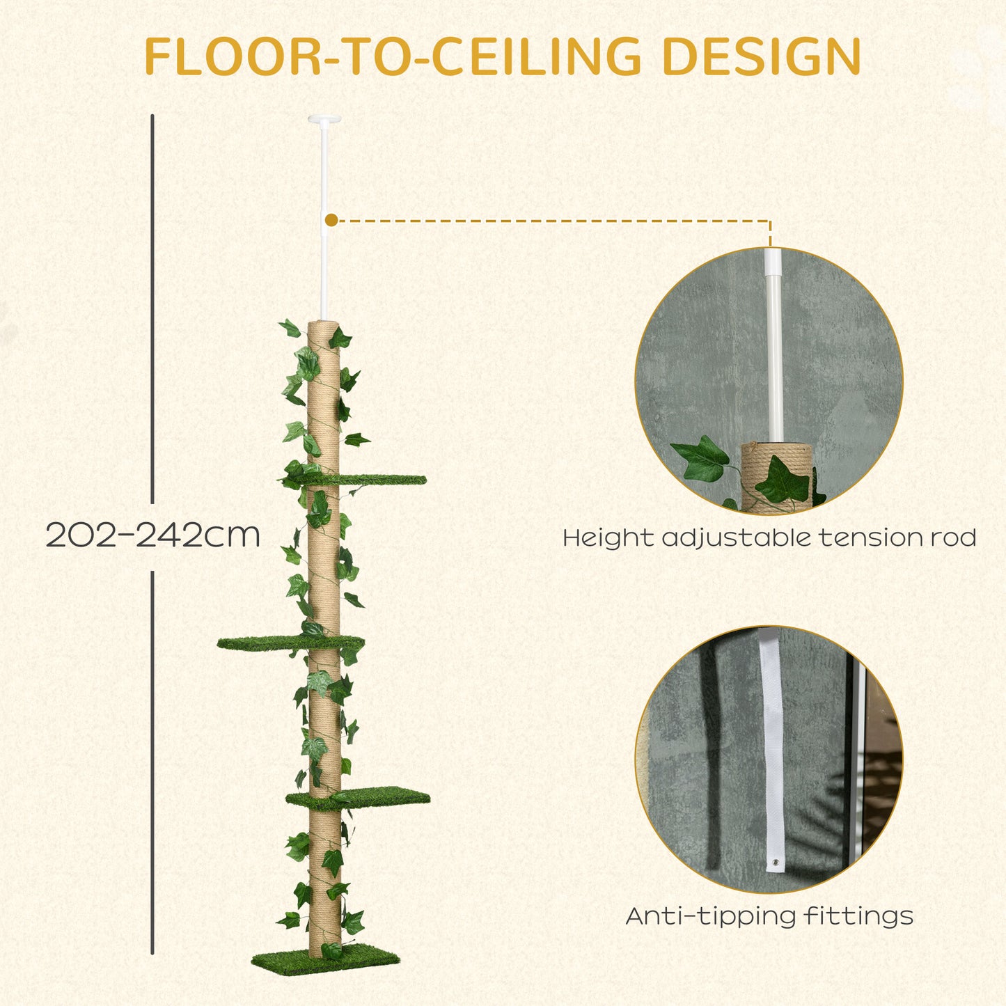 4-Tier Floor to Ceiling Cat Tree, Height(80-95Inches)Adjustable, Tall Cat Tower w/ Anti-Slip Kit, Leaves, Multi-Layer Ac