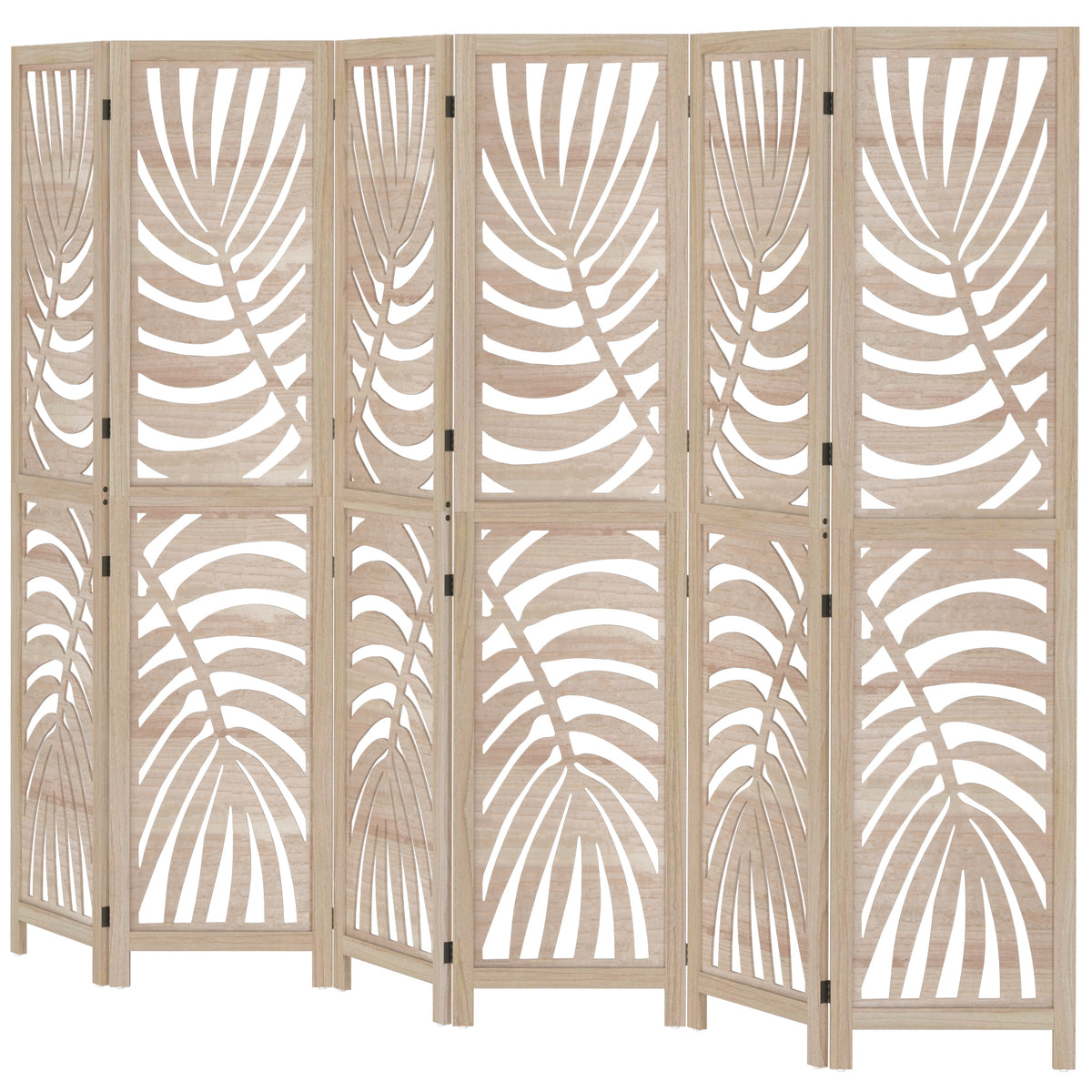 6 Panel Room Divider, Detachable Folding Privacy Screens with Palm Leaf Design for Home Office, Natural Wood