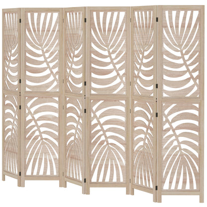 6 Panel Room Divider, Detachable Folding Privacy Screens with Palm Leaf Design for Home Office, Natural Wood