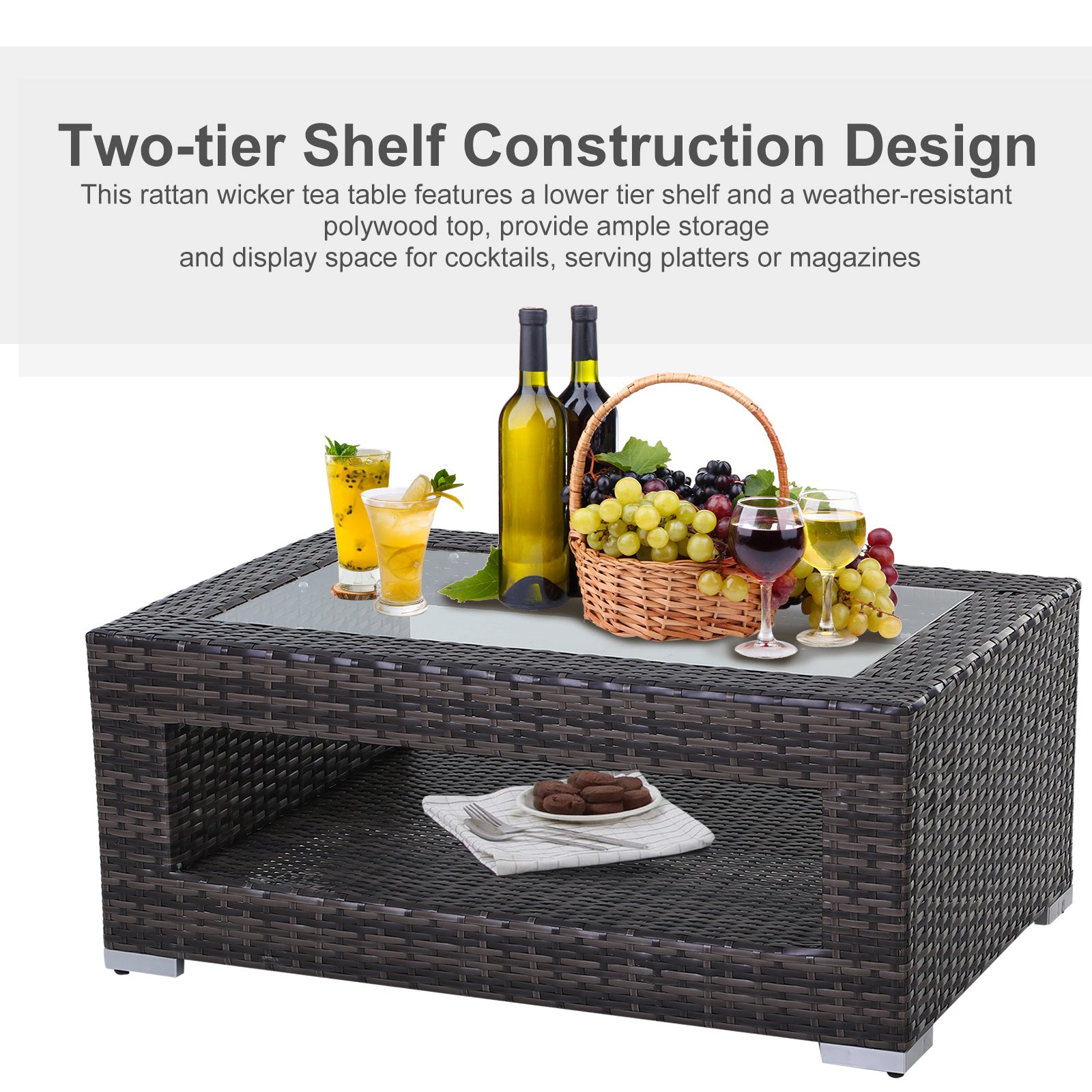 2-Tier Rattan Patio Coffee Table Wicker Patio Tea End Desk with Tempered Glass Top & Storage for Balcony, Backyard, Pool