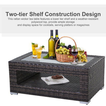 2-Tier Rattan Patio Coffee Table Wicker Patio Tea End Desk with Tempered Glass Top & Storage for Balcony, Backyard, Pool
