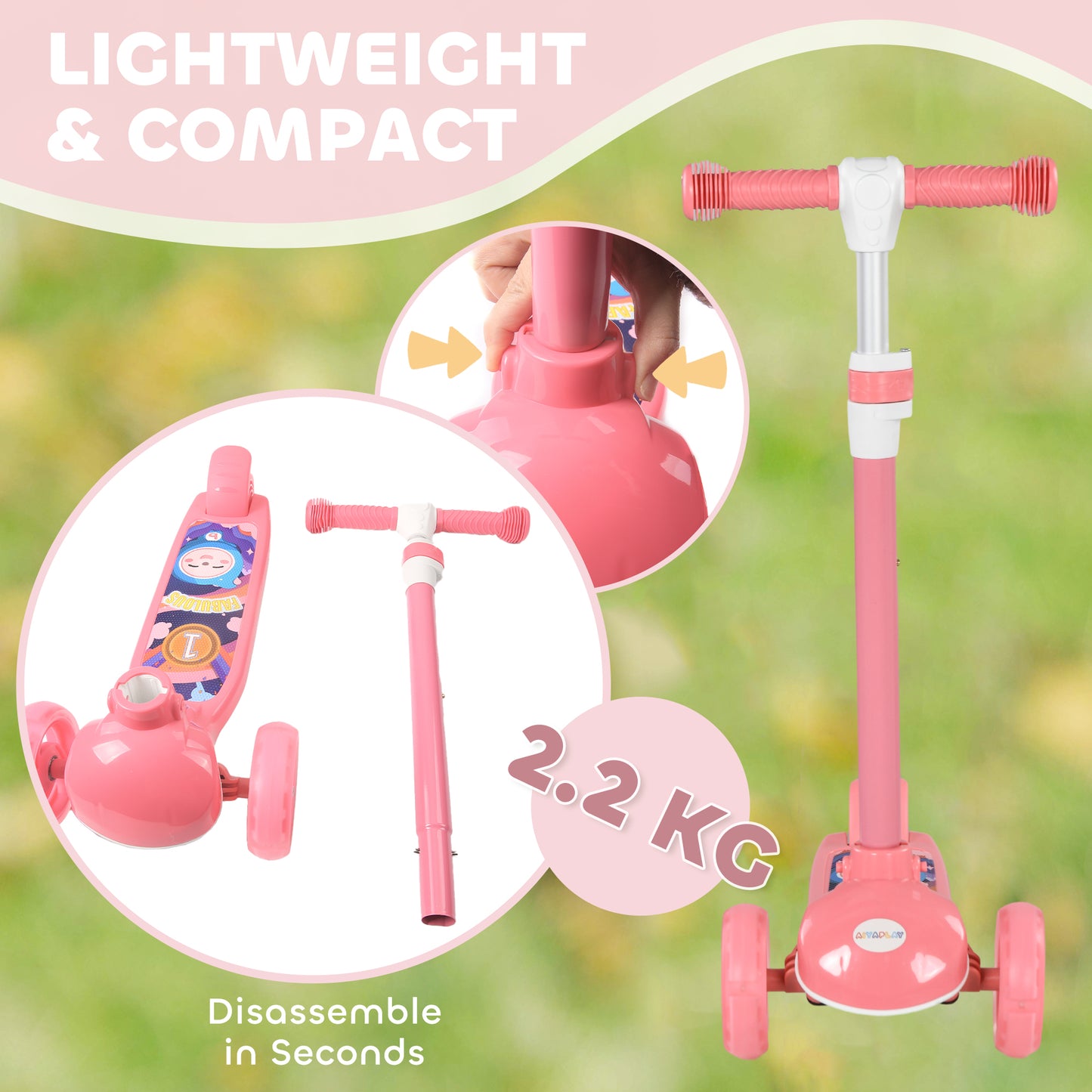 Qaba 3 Wheel Kids Scooter, Toddler Kick Scooter with Adjustable Height, Rear-Fender Brake, LED Light, TPE Handlebar, Pin