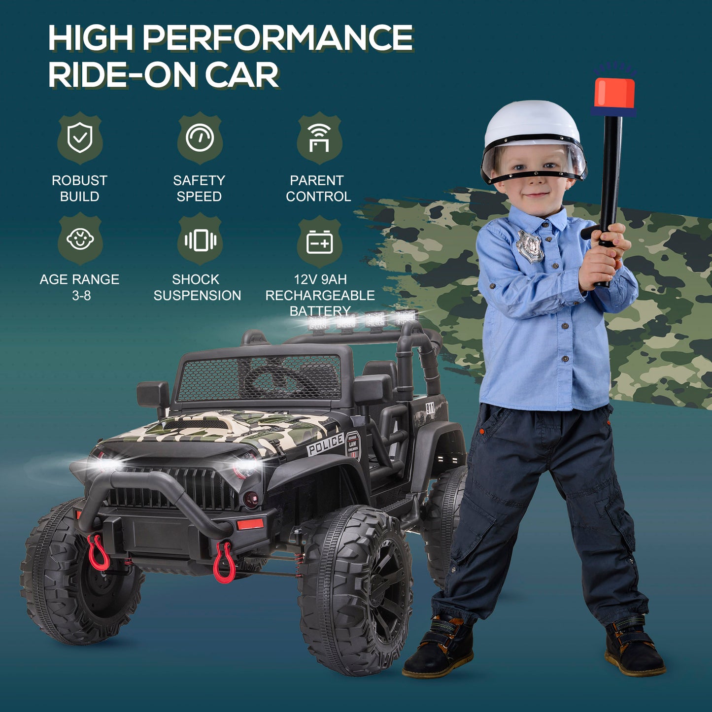 VarietyKart 12V Battery-powered Kids Jeep Ride On Police Car with Parental Remote Camouflage