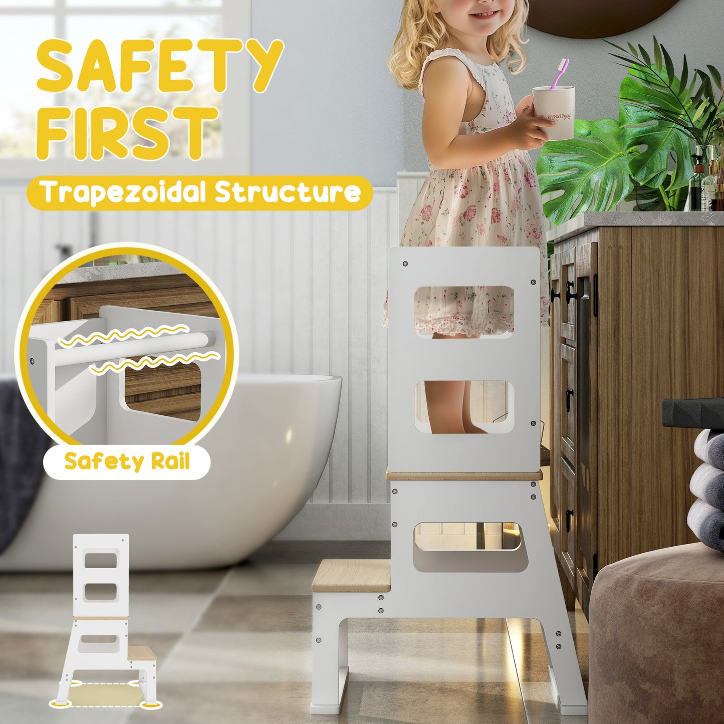 Qaba 2 in 1 Toddler Tower Kitchen Helper w/ Chalkboard, Safety Rail, for Counter, Bathroom, Sink, Kitchen, White