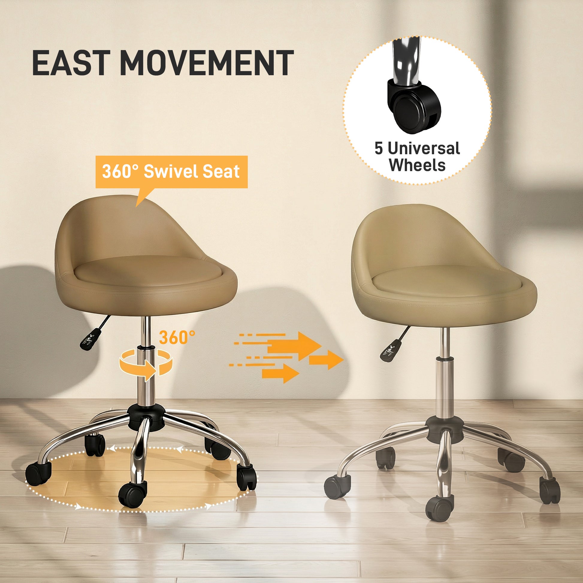 Salon Stool, Adjustable Rolling Stool, Light Brown