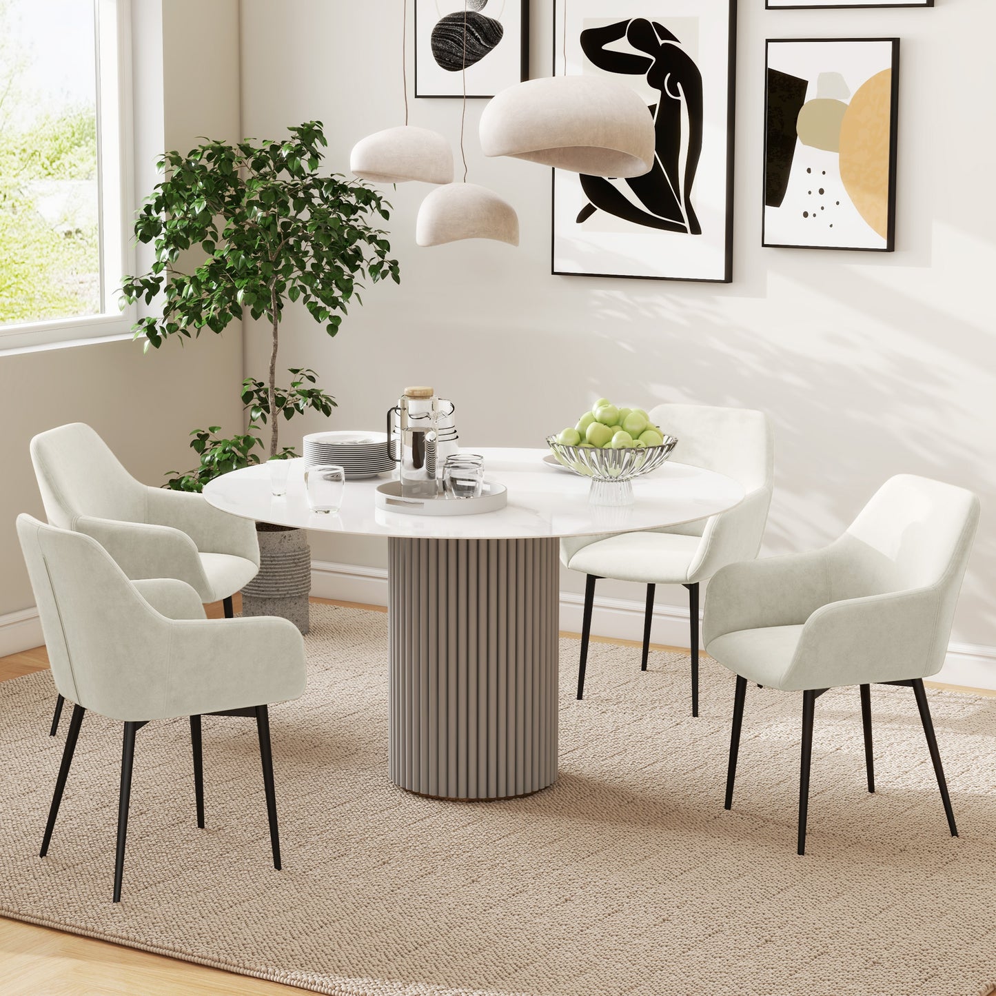 Dining Chairs Set of 2, Velvet-look Fabric Upholstered Kitchen Chairs with Backrest, Armrests and Steel Legs, Cream Whit
