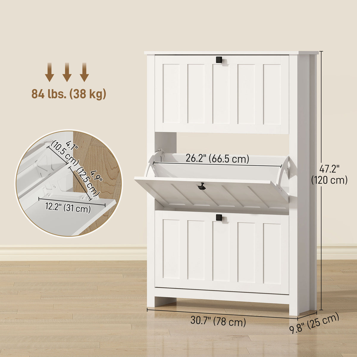 Slim Shoe Cabinet with 3 Flip Drawers, Shoe Storage Cabinet with Adjustable Shelves for Entryway, Holds 18 Pairs, White