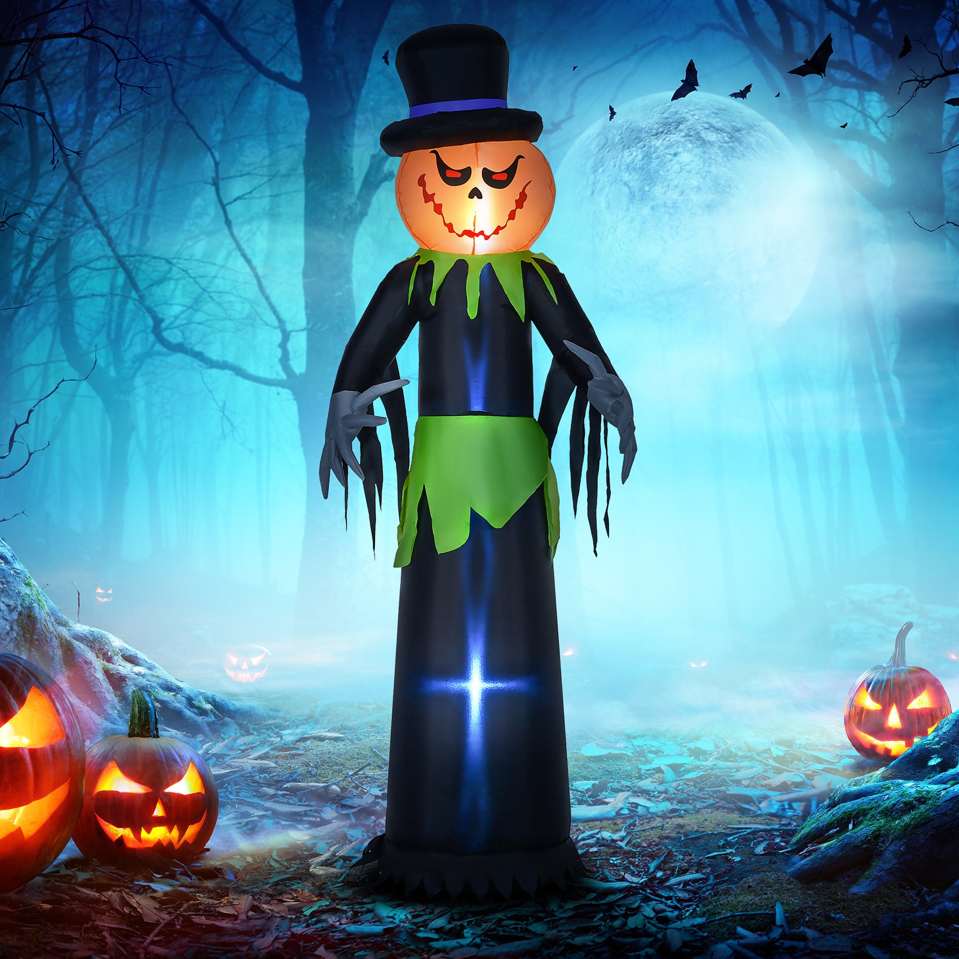 8ft Halloween Inflatable Pumpkin Head Ghost in A Hat, Outdoor Blow-Up Decoration with LED Lights for Yard Display