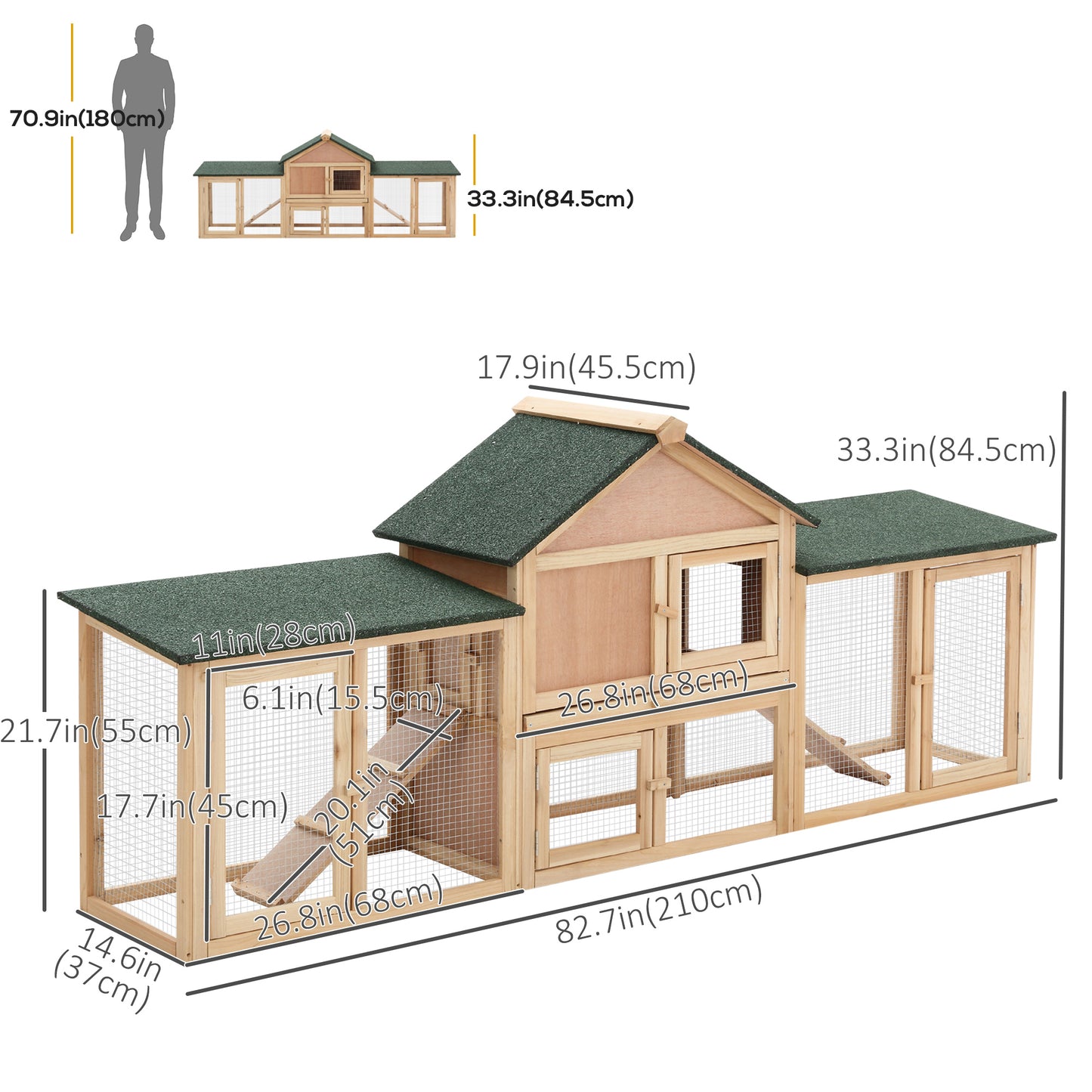 Large Rabbit Hutch Wood Bunny Cage Outdoor Guinea Pig House with Double Runs Slide Out Tray Ramps, 83"x18"x33", Natural