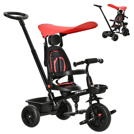 Qaba Kids Tricycle 5 In 1 Trike with Reversible Angle Adjustable Seat Removable Handle Canopy Handrail Belt Storage Foot