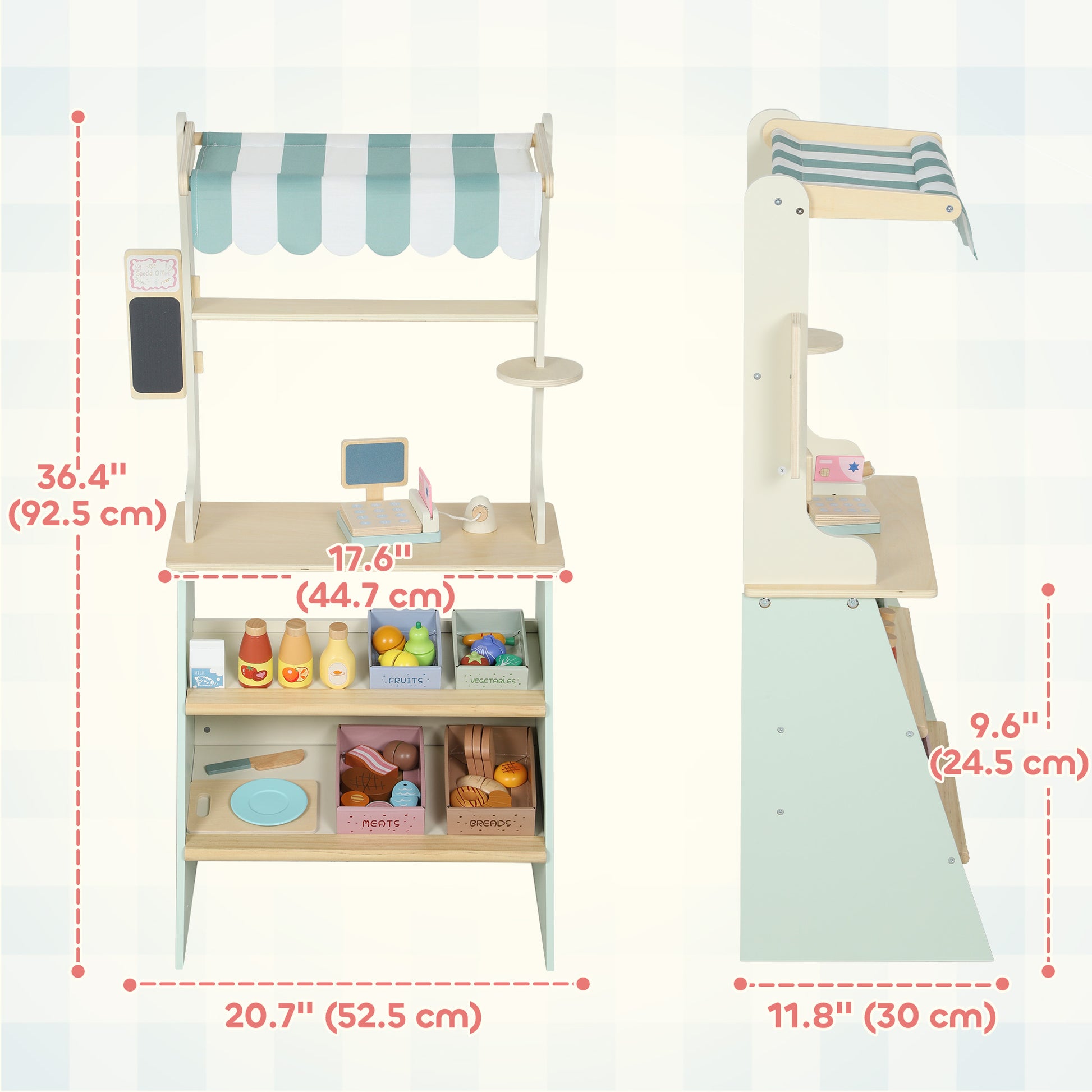 Qaba Kids Grocery Store Playset, Supermarket Toy Set with Cash Register, Chalkboard and Toy Food for Toddler Boys Girls 