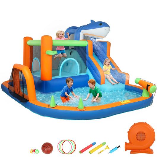 Qaba Inflatable Bounce House for Kids, Sharks Theme Jumping Bouncy Castle with Slide and Pool for Indoor Outdoor, Blue