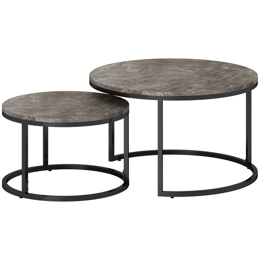 Modern Coffee Table Set of 2, Nesting Side Tables w/ Metal Base for Living Room Bedroom Office Faux Marbled Grey