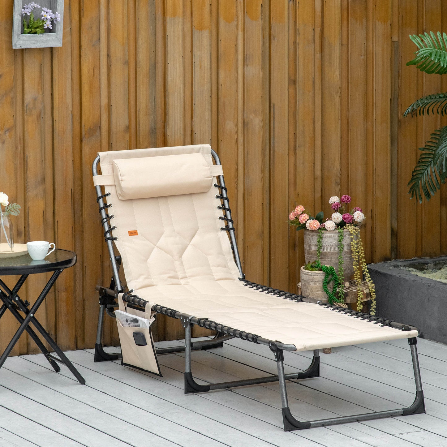 Outdoor Lounge Chair, Folding Chaise Lounge, Patio Padded Tanning Chair with 5-position Adjustable Backrest, Pillow and 