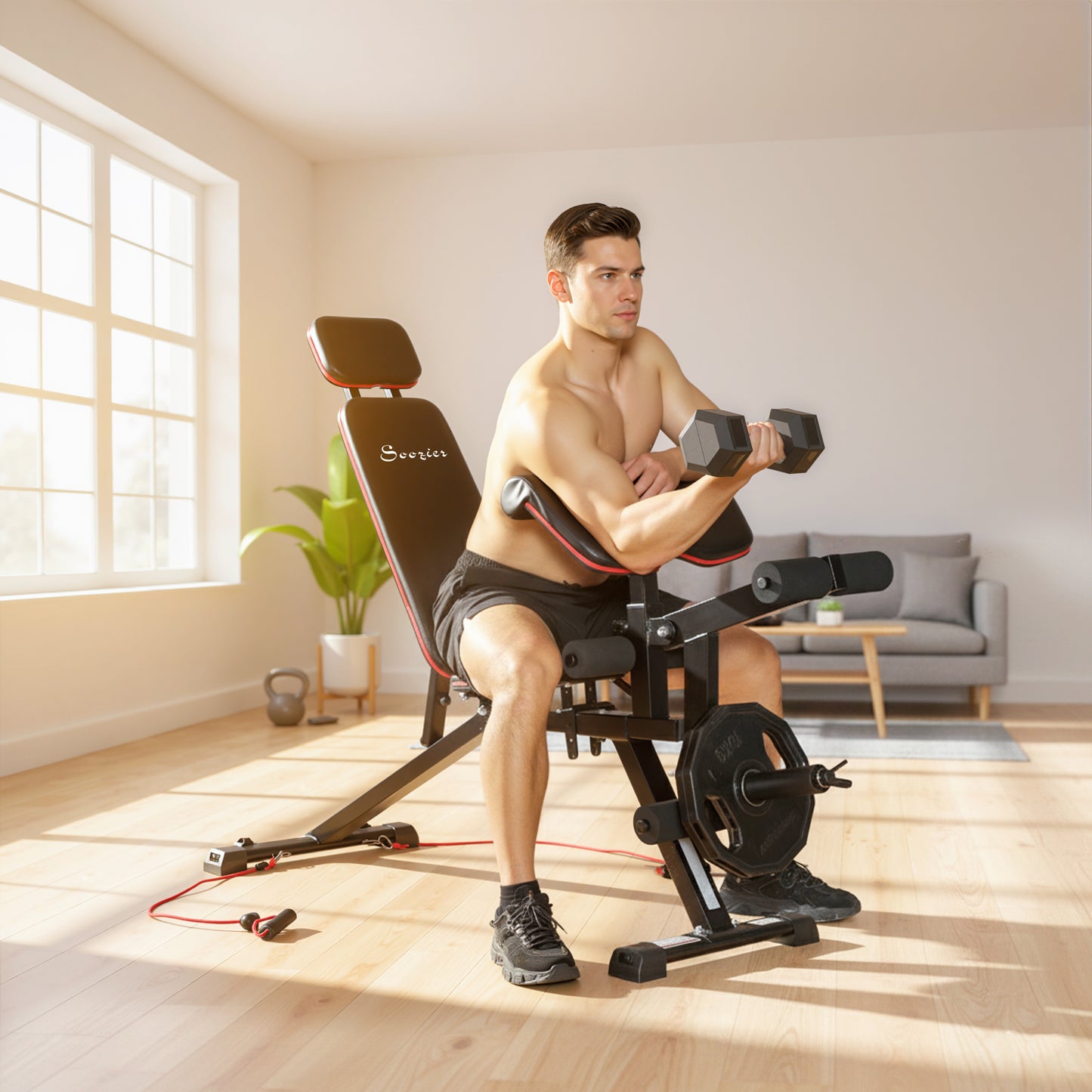 Soozier Adjustable Weight Bench with Wheels, Load 660LBS Workout Bench with Leg Extension, Preacher Curl and Resistance 
