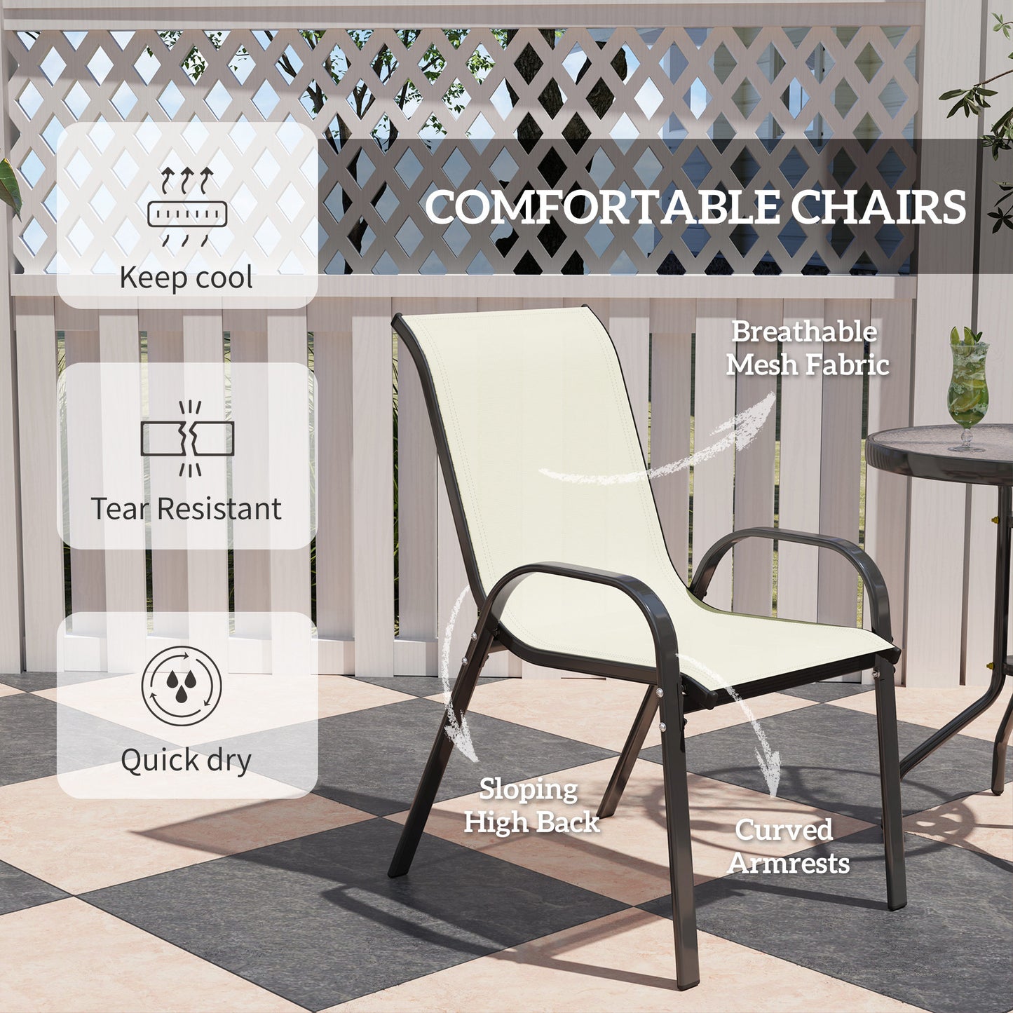 3 Pieces Bistro Set, Small Patio Furniture Set with Stackable Mesh Chairs, Glass Table for Garden, Balcony, Beige