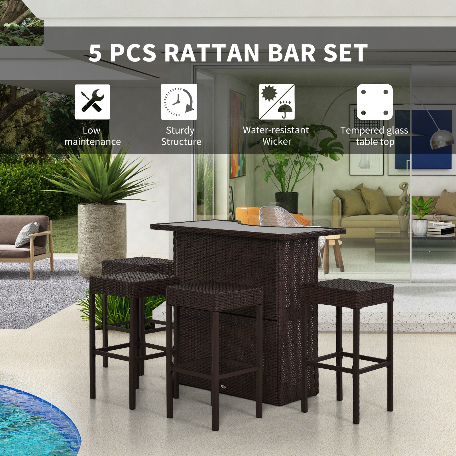 5 Pieces Patio Bar Set, Outdoor PE Rattan Wicker High Top Outdoor Table and Chairs Outdoor Bar Set with Tempered Glass T