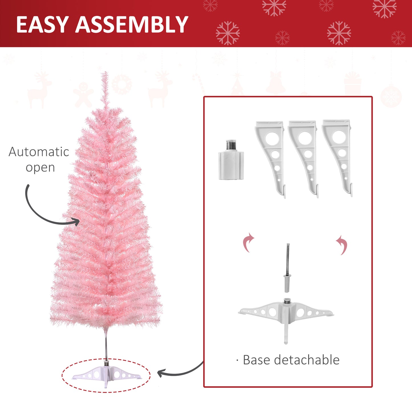 4FT Artificial Christmas Tree Holiday Xmas Holiday Pencil Tree Decoration with Automatic Open for Home Party, Pink