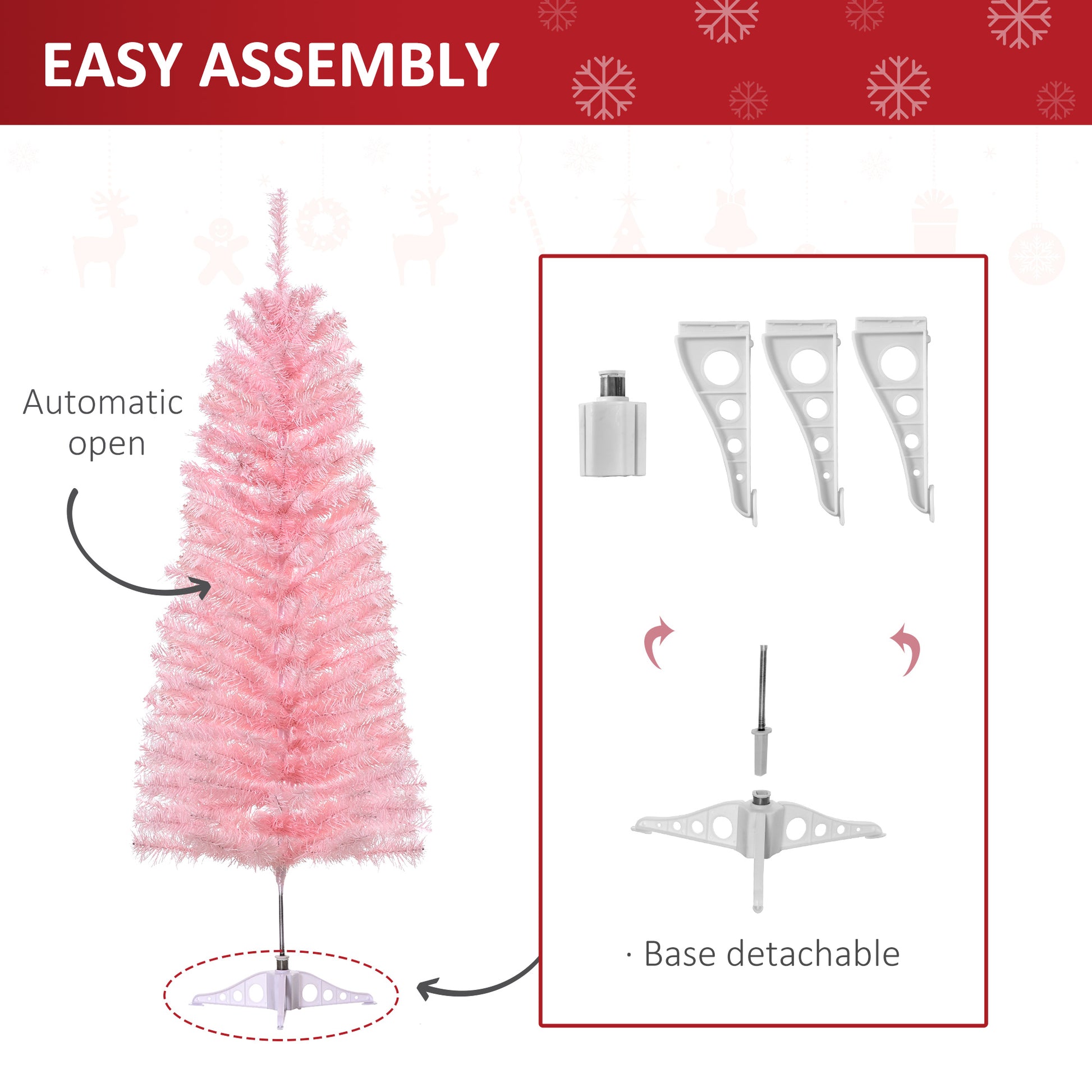 4FT Artificial Christmas Tree Holiday Xmas Holiday Pencil Tree Decoration with Automatic Open for Home Party, Pink