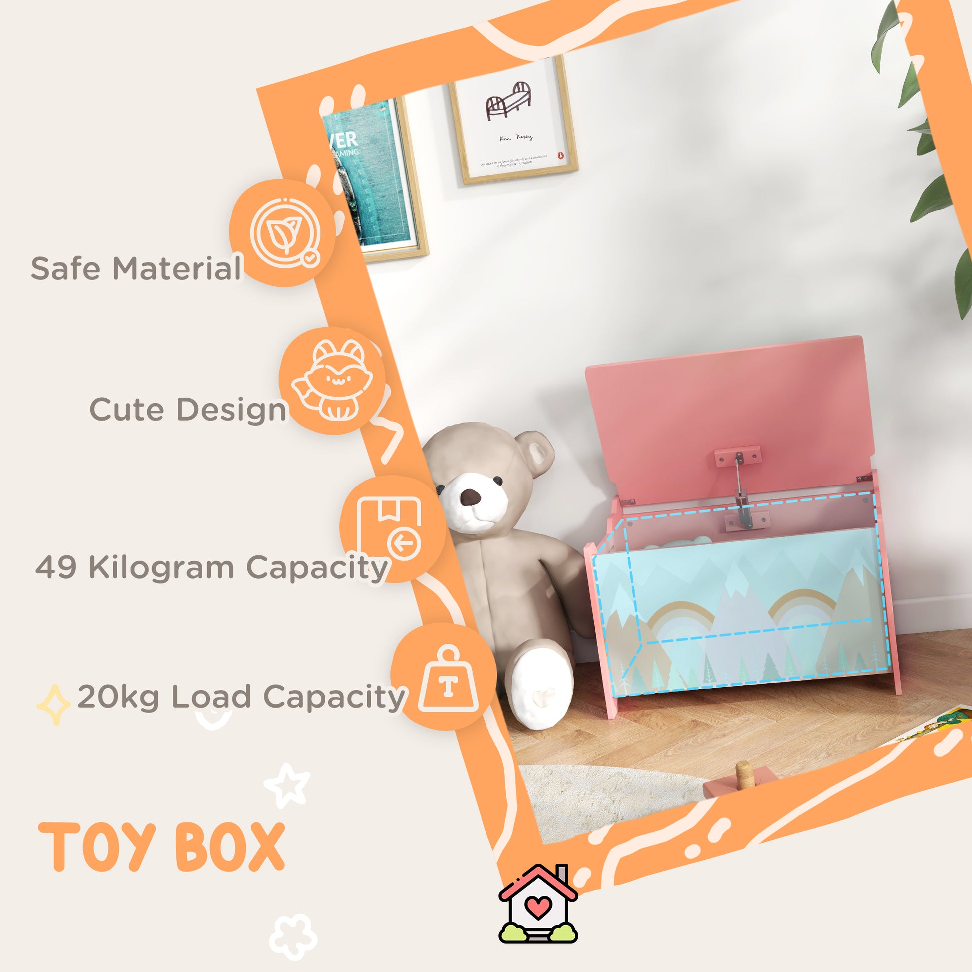 Qaba Toy Box, Kids Storage Chest with Lid, Safety Hinges and Groove Handles, Toy Storage Organizer with Rainbow Pattern 