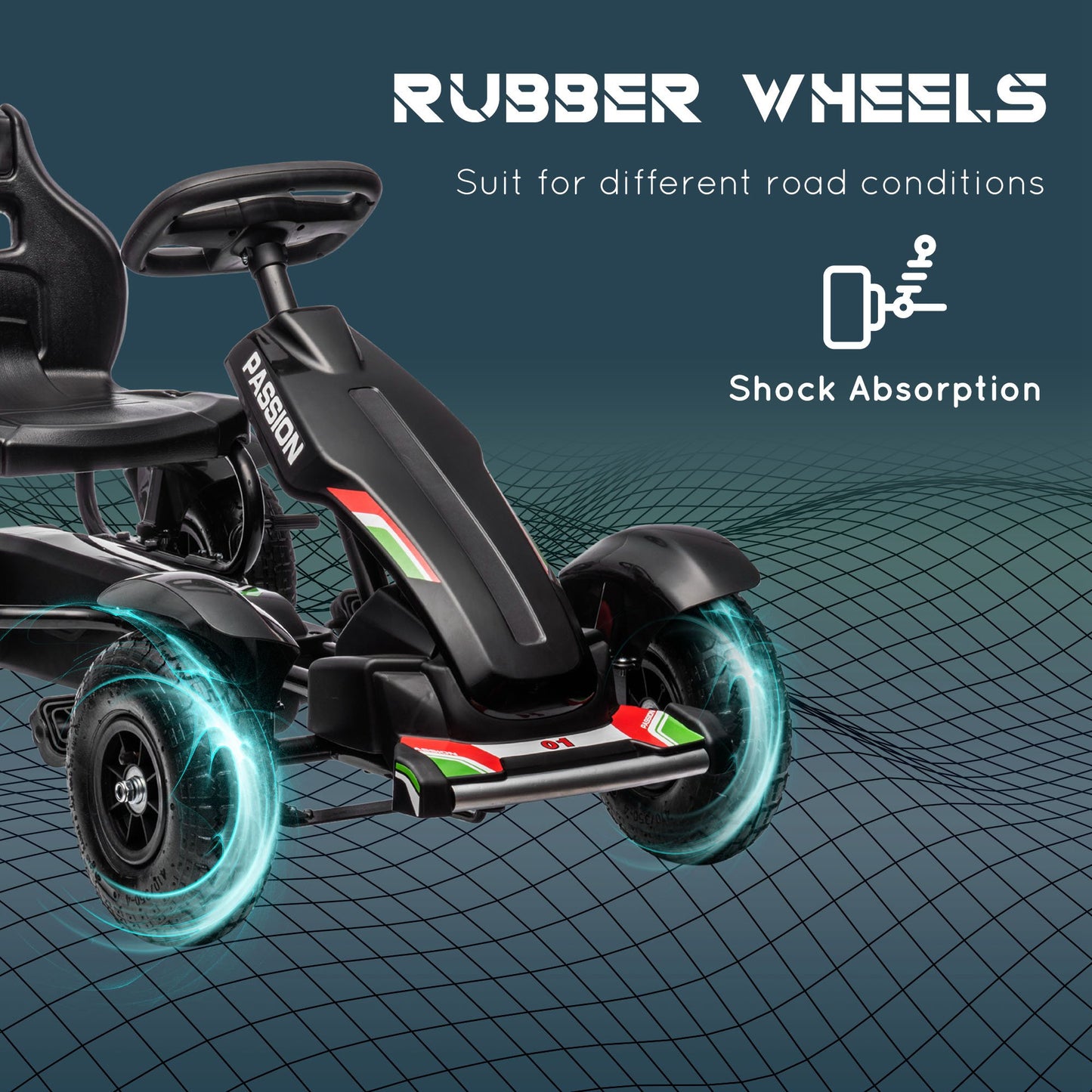 VarietyKart Pedal Go Kart for Kids, Pedal Car with Adjustable Bucket, Handbrake, 4 Rubber Wheels Powered Ride, Black
