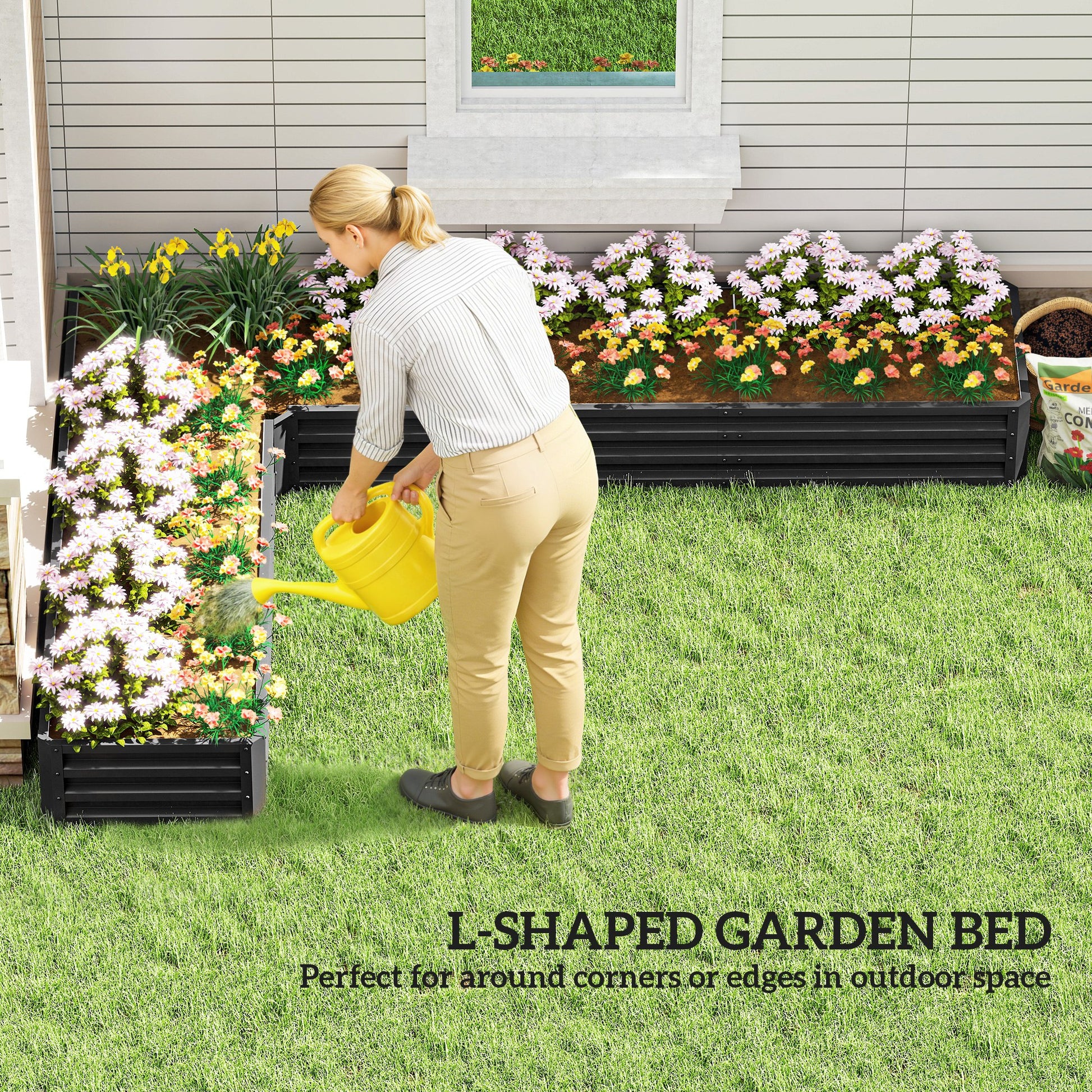 L-Shaped Raised Garden Bed, 82" x 109" x 12" Galvanized Steel Planter Box with Multi-reinforced Rods for Vegetables, Flo