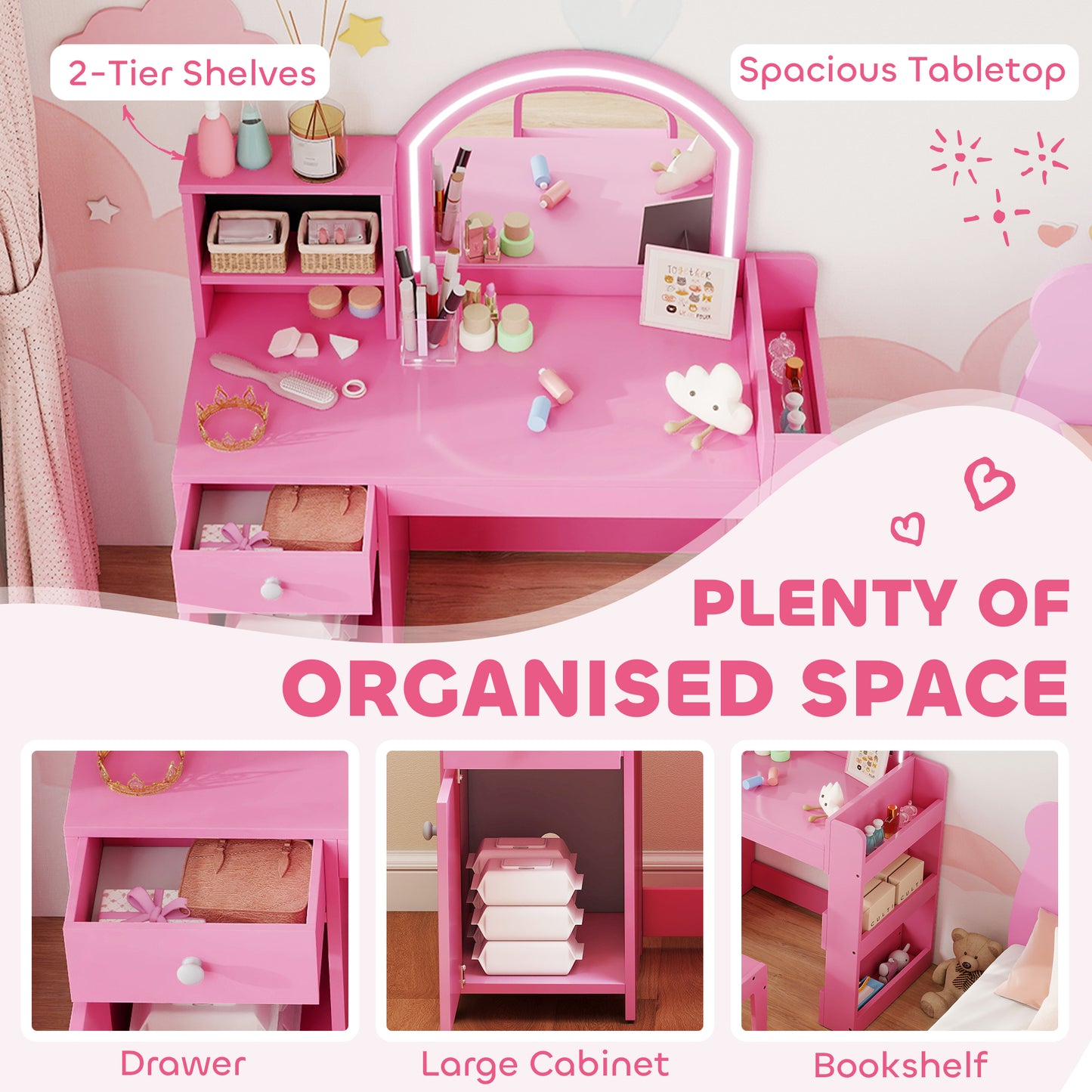 Qaba Kids Vanity Set, Toddler Dressing Table and Chair Set  with Lighted Mirror, Cabinet, Drawer and Shelves, Pink