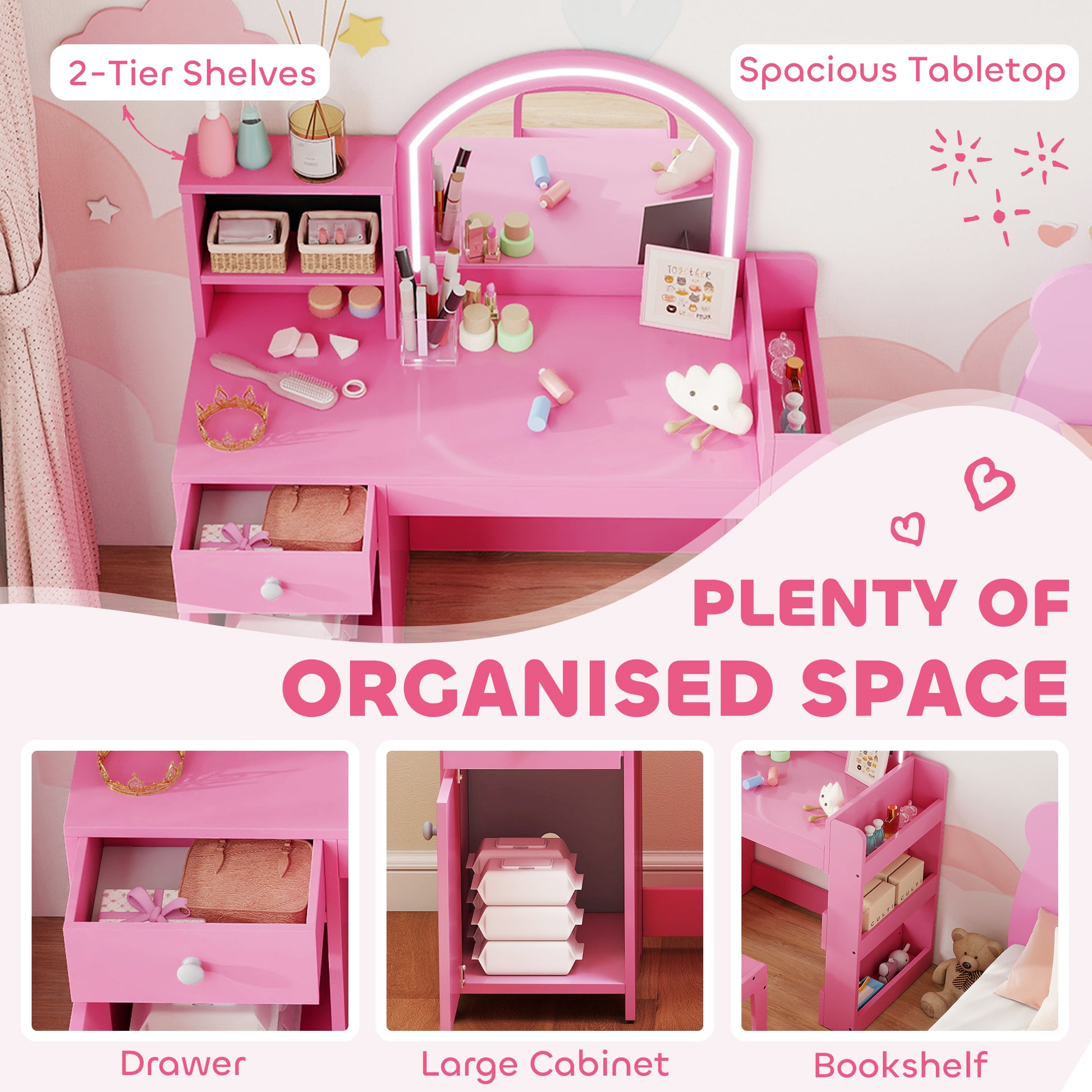 Qaba Kids Vanity Set, Toddler Dressing Table and Chair Set  with Lighted Mirror, Cabinet, Drawer and Shelves, Pink