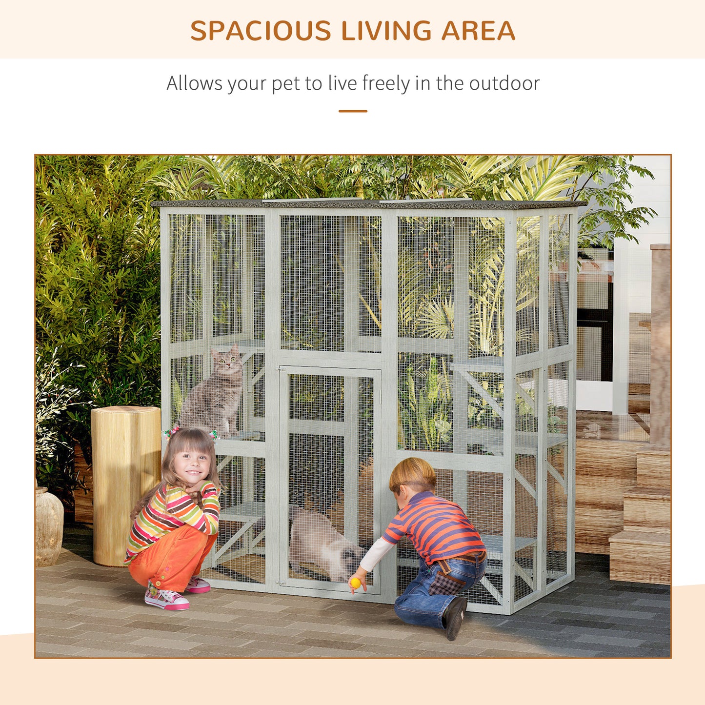 Large Outdoor Catio Enclosure, Weatherproof Cat House with Asphalt Roof,  Wooden Cat Patio Cage with 6 Balanced Platform