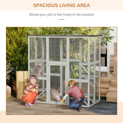 Large Outdoor Catio Enclosure, Weatherproof Cat House with Asphalt Roof,  Wooden Cat Patio Cage with 6 Balanced Platform