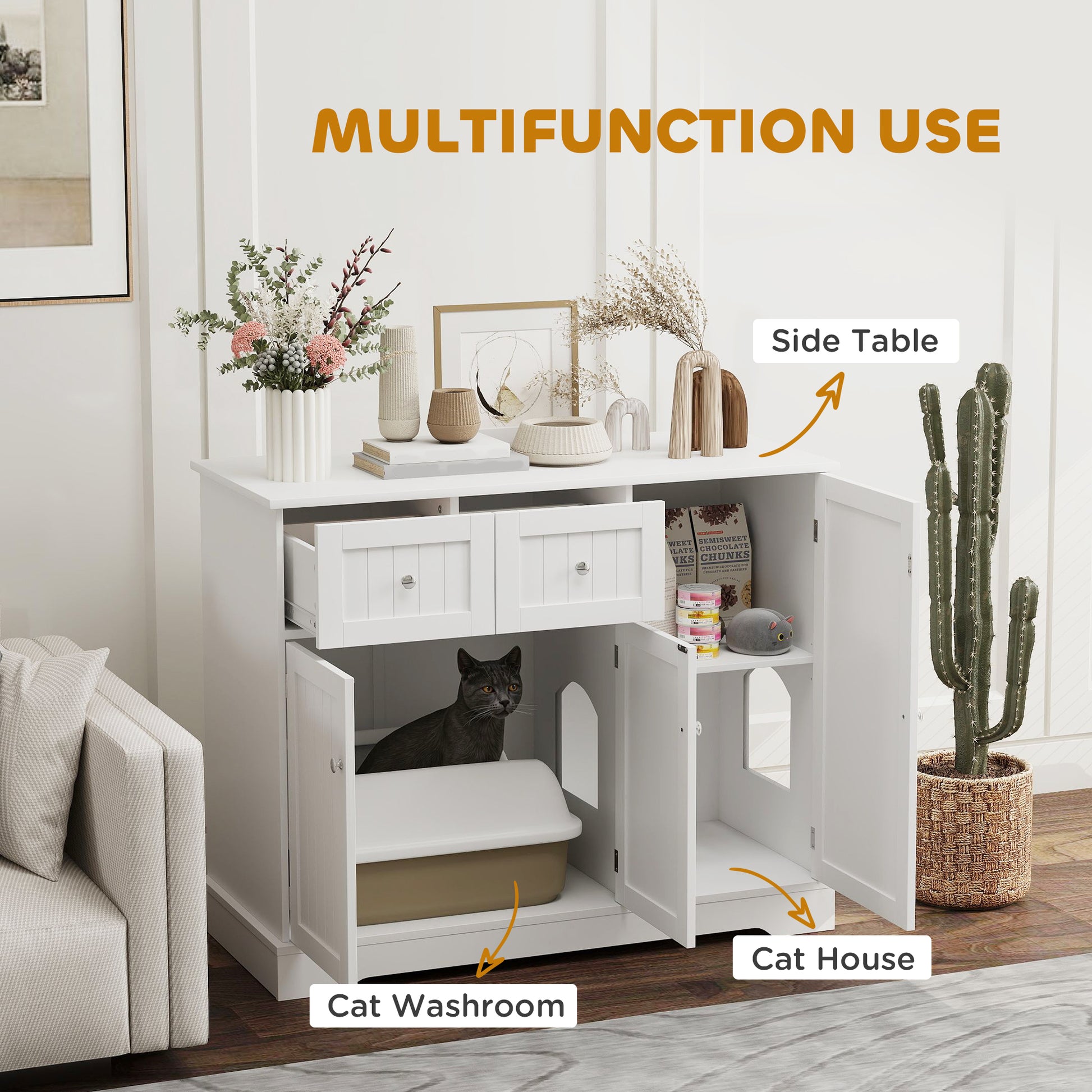 Cat Litter Box Enclosure with Drawer, Storage, Anti-tip Kit, for Living Room, Bedroom, White