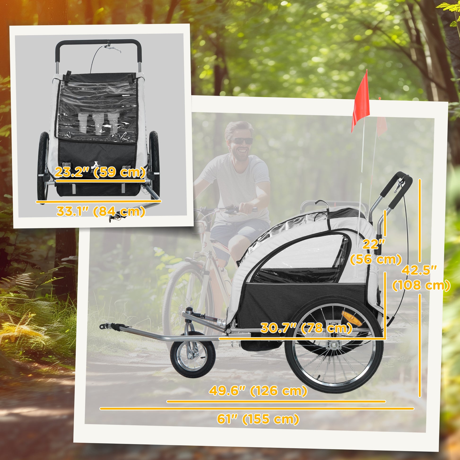 VarietyKart 2-in-1 Bike Trailer for Kids, Foldable 2-Seat Baby Stroller with 5-Point Harness, Rubber Wheels, Storage Bag