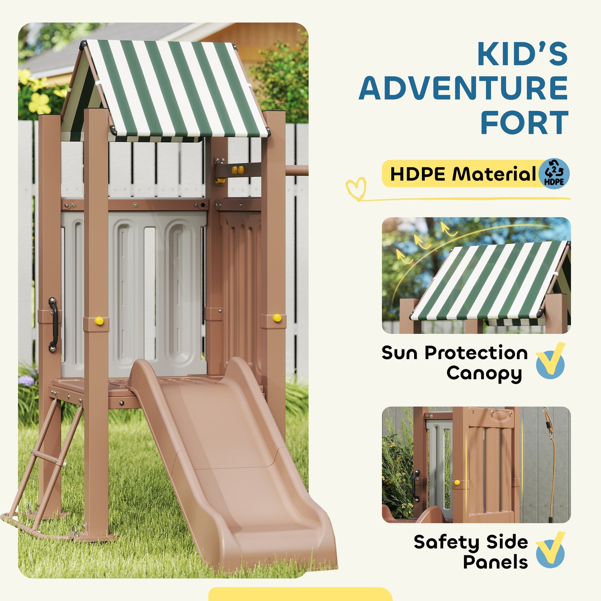 Qaba 4-in-1 Kids Swing Set for Playground with Slide, Covered Fort, Climbing Ladder, Ground Stakes, for Kids Ages 3-8, B