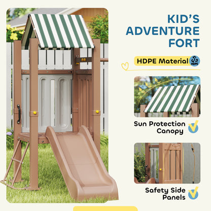 Qaba 4-in-1 Kids Swing Set for Playground with Slide, Covered Fort, Climbing Ladder, Ground Stakes, for Kids Ages 3-8, B