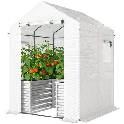 Greenhouse with Raised Garden Bed, Galvanized Metal Planter Box with PE Cover, Roll Up Door, 56" x 56" x 75", White